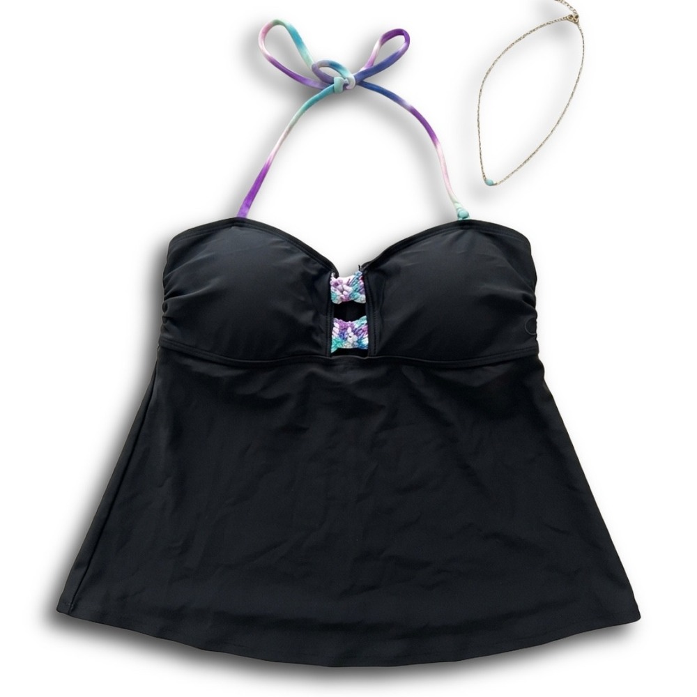 Ocean Pacific OP Black Tankini Top Tie Dye Halter Keyhole Braided Trim Large L